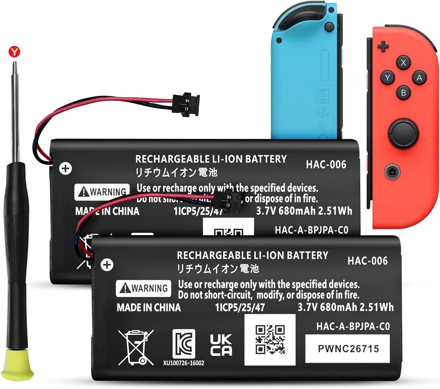 Set 2 acumulatori 680 mAh pentru Nintendo Switch Joy-Con L/R, compatibile HAC-015 / HAC-016, Li-Polymer, include 2 acumulatori + surubelnita