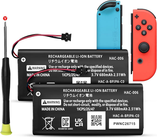 Set 2 acumulatori 680 mAh pentru Nintendo Switch Joy-Con L/R, compatibile HAC-015 / HAC-016, Li-Polymer, include 2 acumulatori + surubelnita