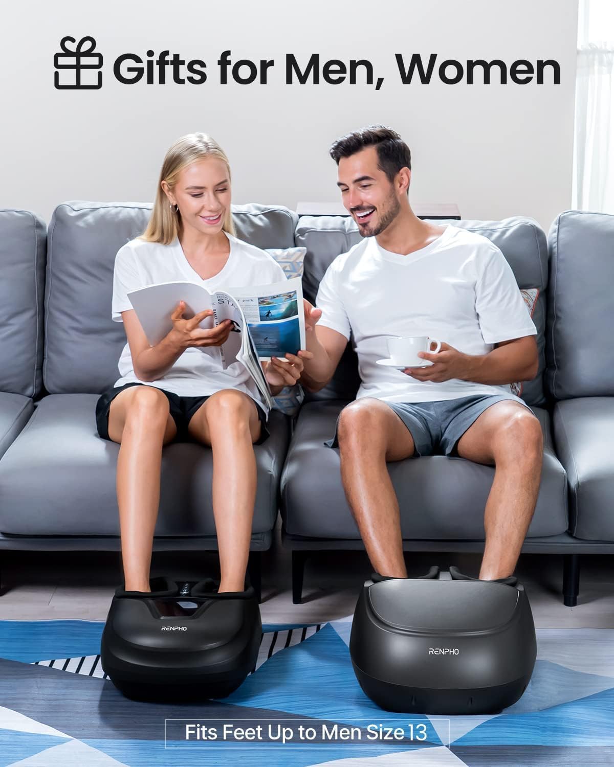 Aparat de masaj pentru picioare RENPHO, Shiatsu cu role, compresie cu aer, incalzire infrarosu, 3 niveluri intensitate masaj si presiune, design ergonomic, husa detasabila si lavabila, potrivit pana la marimea 46, pentru relaxare