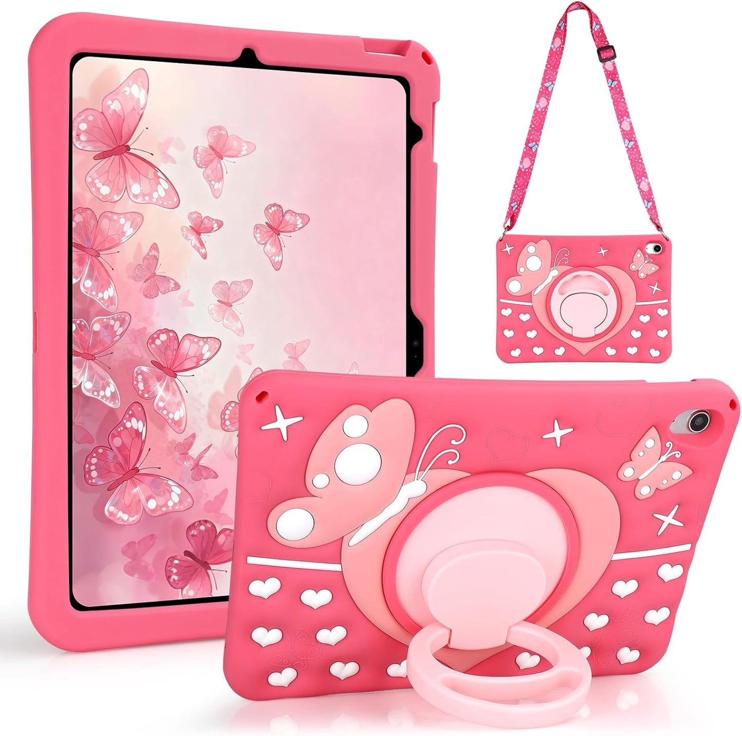 Husa de protectie iPad A16 11″ / A10 10,9″ – Fluture, roz, rezistenta la socuri, cu maner rotativ 360°, suport si curea de umar