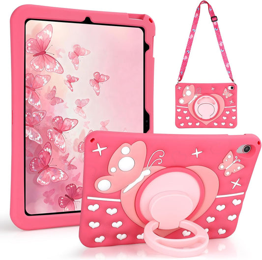 Husa de protectie iPad A16 11″ / A10 10,9″ – Fluture, roz, rezistenta la socuri, cu maner rotativ 360°, suport si curea de umar