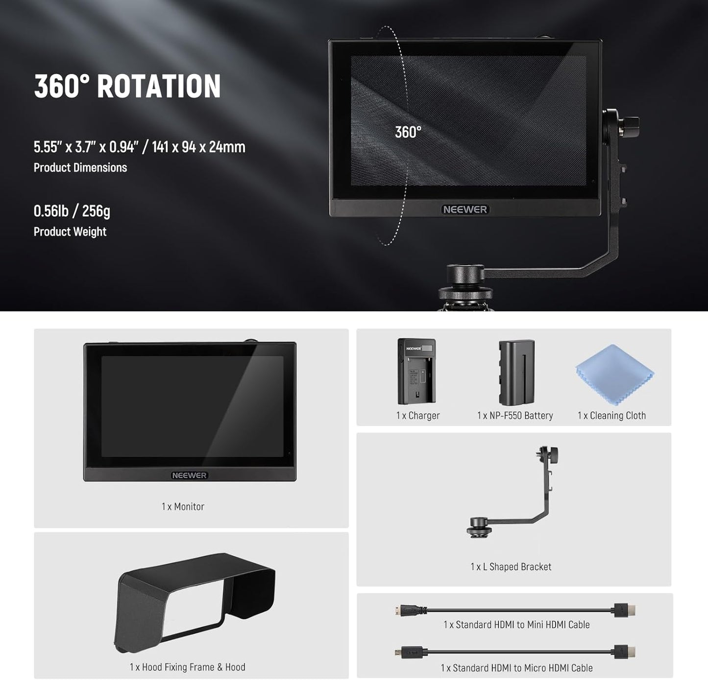 Set monitor video de teren 5.5 inch, 3D LUT, Touchscreen IPS Full HD 1920 x 1080, HDR, HDMI Loop-in/out 4K, Full Waveform, Focus Peaking Assistant, cu acumulator NP-F550, incarcator si parasolar