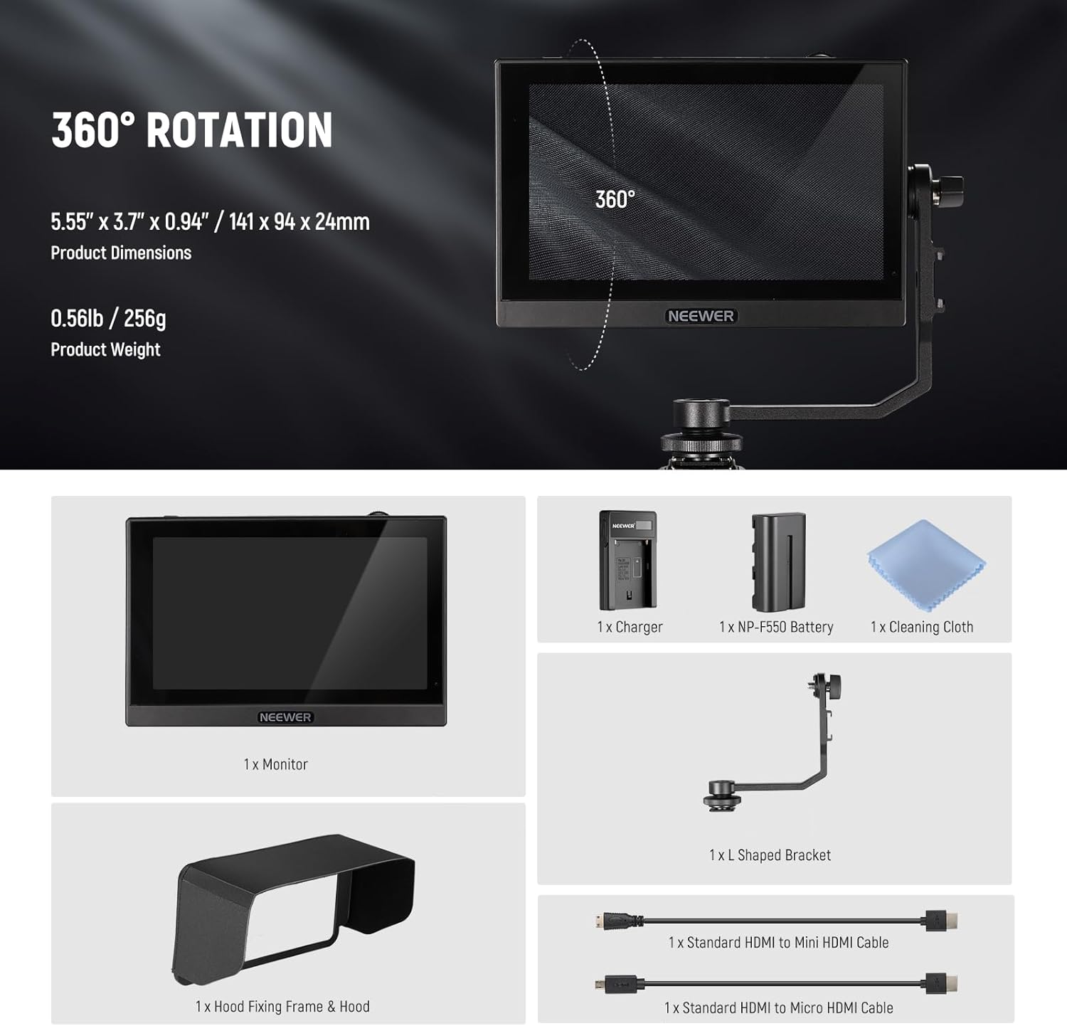 Set monitor video de teren 5.5 inch, 3D LUT, Touchscreen IPS Full HD 1920 x 1080, HDR, HDMI Loop-in/out 4K, Full Waveform, Focus Peaking Assistant, cu acumulator NP-F550, incarcator si parasolar