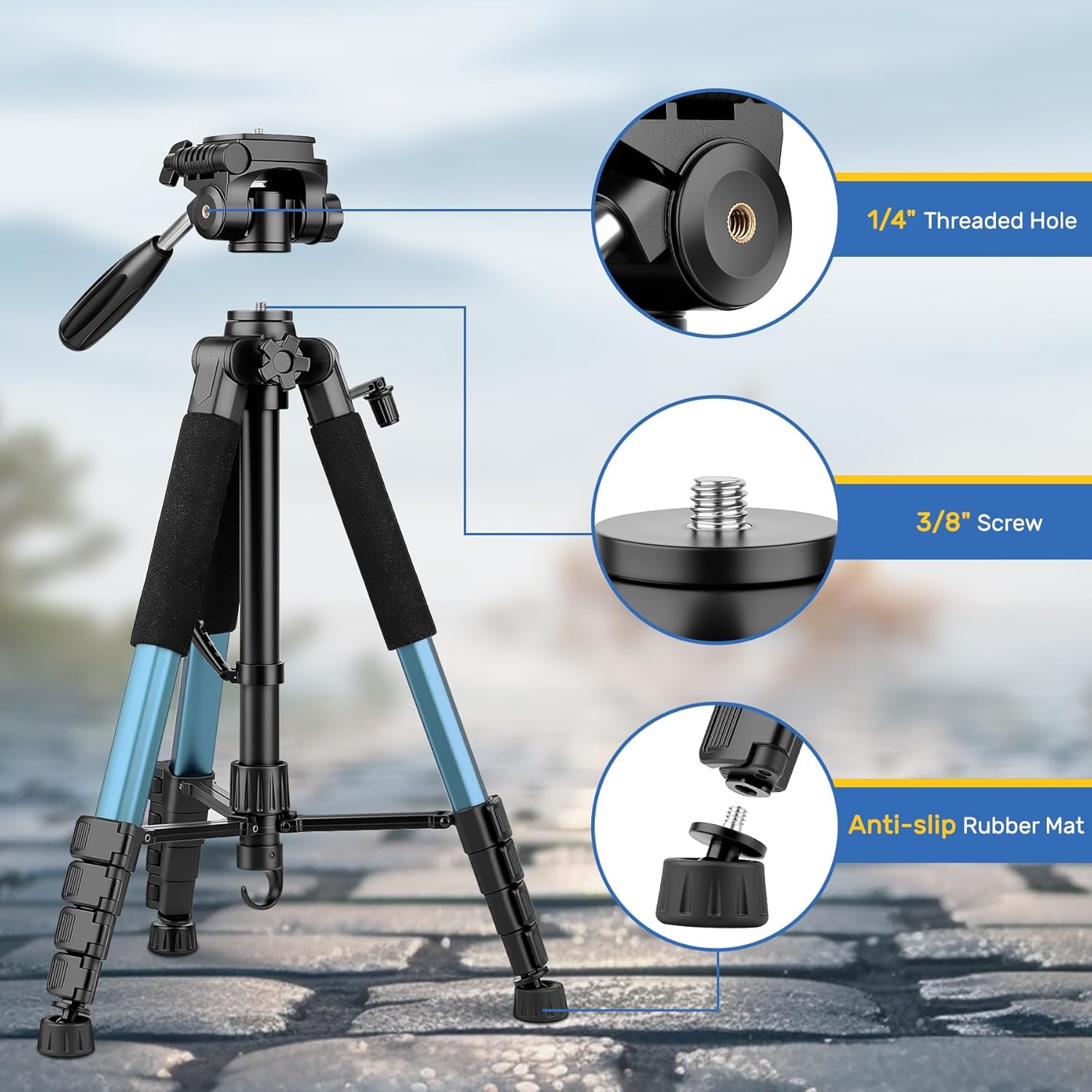 Trepied foto Victiv 188 cm, aluminiu usor si compact, cap detasabil 3 directii 360°, suport smartphone, telecomanda wireless, compatibil DSLR Canon/Nikon/Sony, smartphone/tableta, capacitate 6 kg, albastru