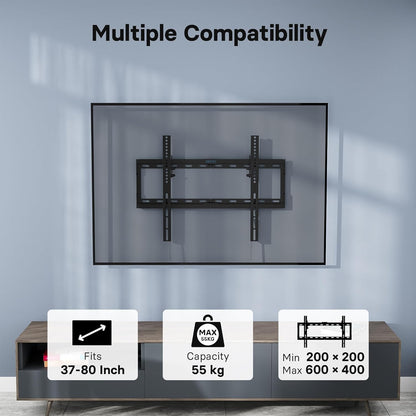 Suport TV perete, universal, diagonala 37 - 80 inch, max 55 kg, inclinabil 10° jos, VESA max 600 x 400, distanta perete 32 mm, nivela, cablu HDMI de 1, 8 m, ancore perete, pentru televizoare plate sau curbate