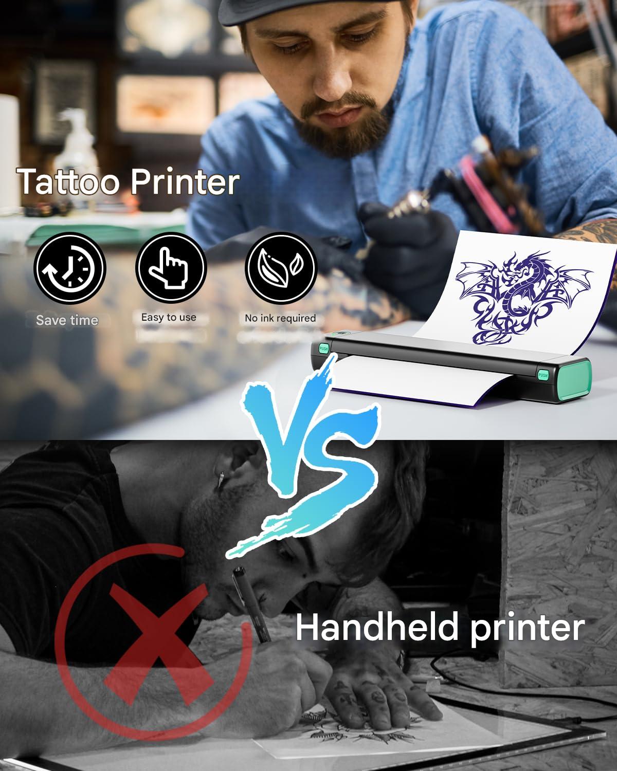 Imprimanta termica portabila pentru tatuaje, Bluetooth, USB, cu 10 hartii de transfer, acumulator 1200 mAh, printare termica directa, fara tus, conectare prin aplicatie, compatibila Android/iOS/Windows/MacOS/ChromeOS