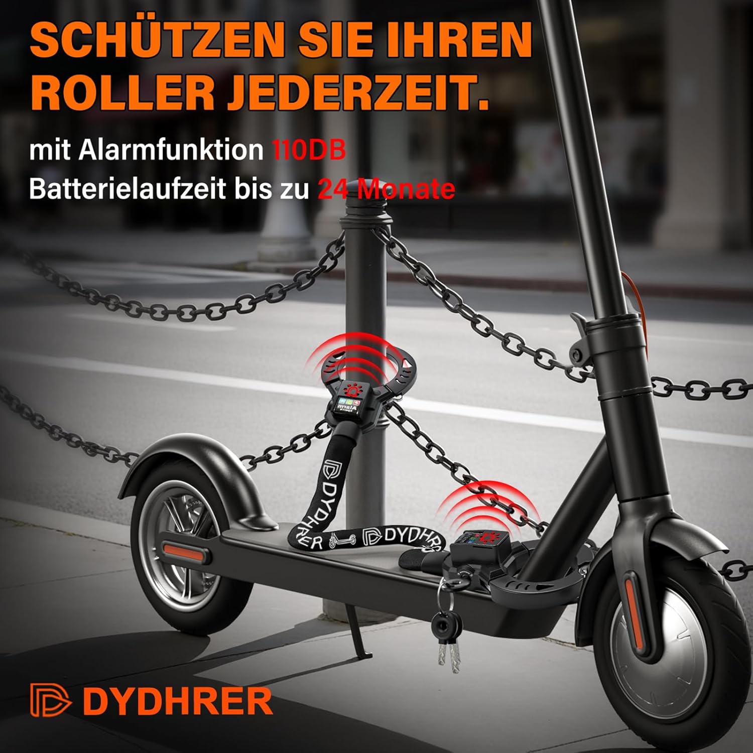 Lacat antifurt pentru bicicleta si trotineta electrica cu alarma 110 dB, lant otel calit 8 mm, lungime 90 cm, protectie anti-taiere, cu husa transport, sistem securitate cu cheie, negru