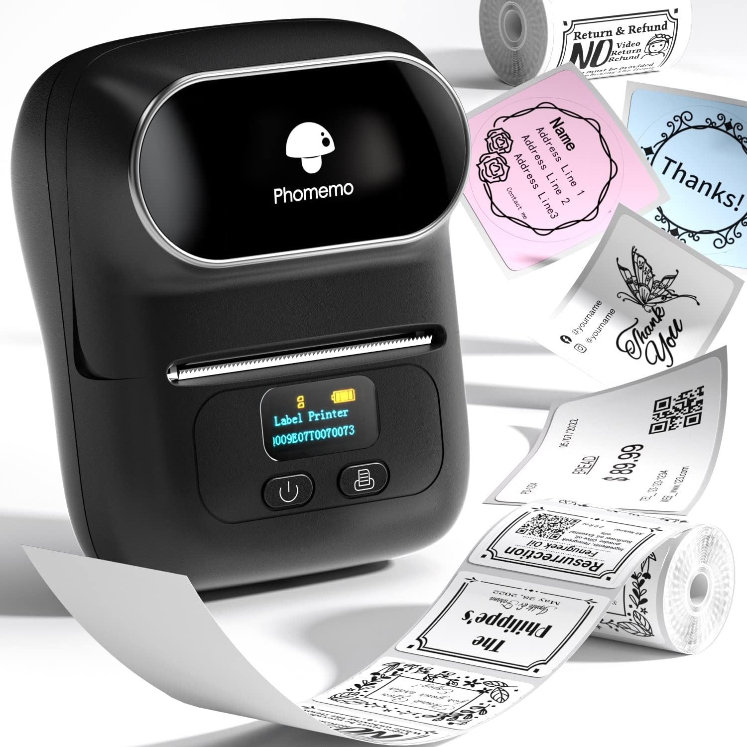 Imprimanta termica Bluetooth portabila, printare etichete 20-50 mm, cu display, 203dpi, acumulator 1500 mAh, aplicatie dedicata, compatibil iOS si Android, neagra