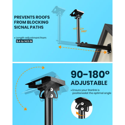 Suport pentru antena Starlink Gen 3, reglabil 360°, unghi inclinare 180°, cu adaptor teava, accesorii de fixare, montare pe perete si acoperis, din metal, negru