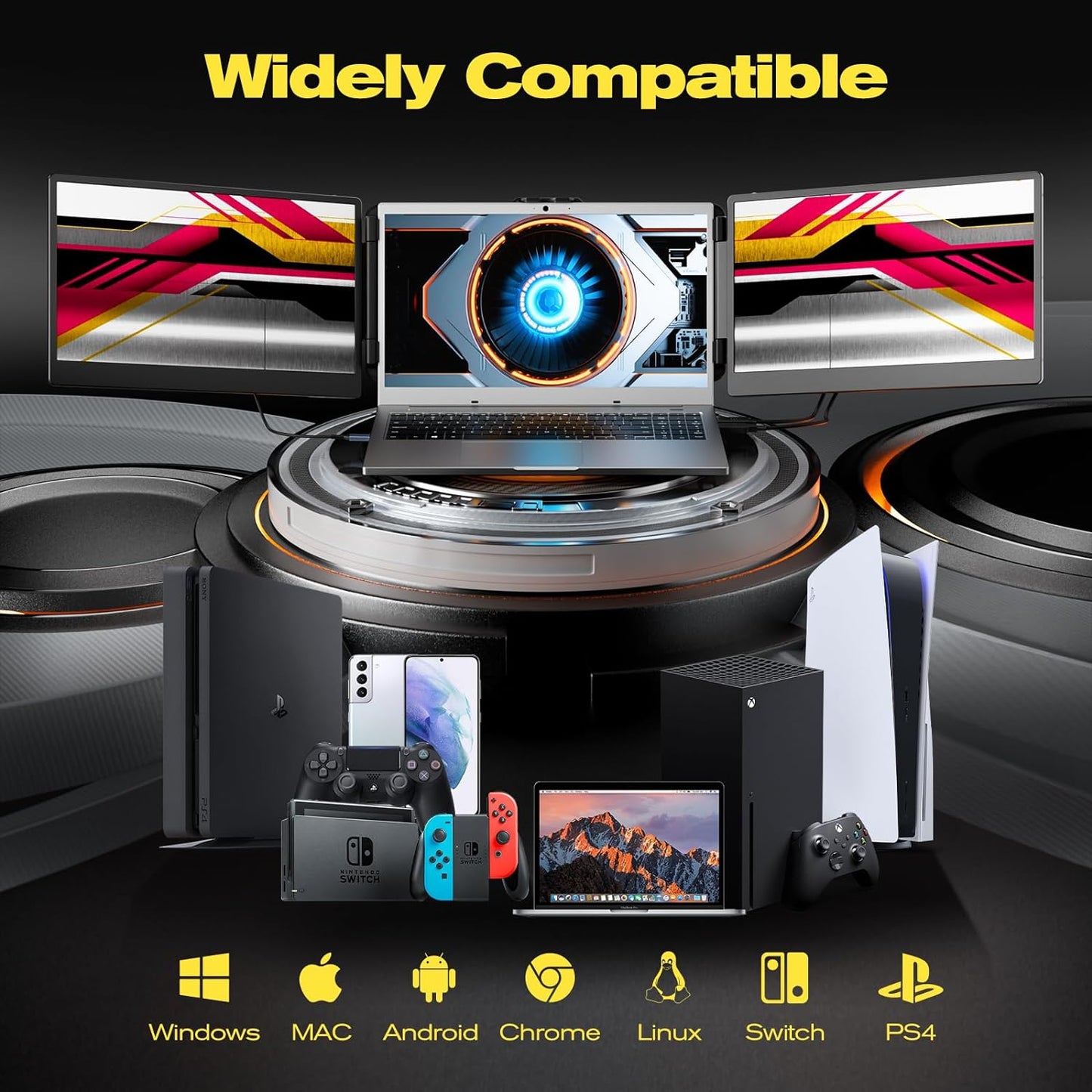 Monitoare portabile 14 inch, IPS 1080P Full HD, HDR,16:9, trei ecrane, pentru laptop, cu USB-C, functie Mirror si Extend, Plug & Play, cu stand ajustabil si difuzor incorporat, pentru Mac, Windows, Chrome, KEFEYA