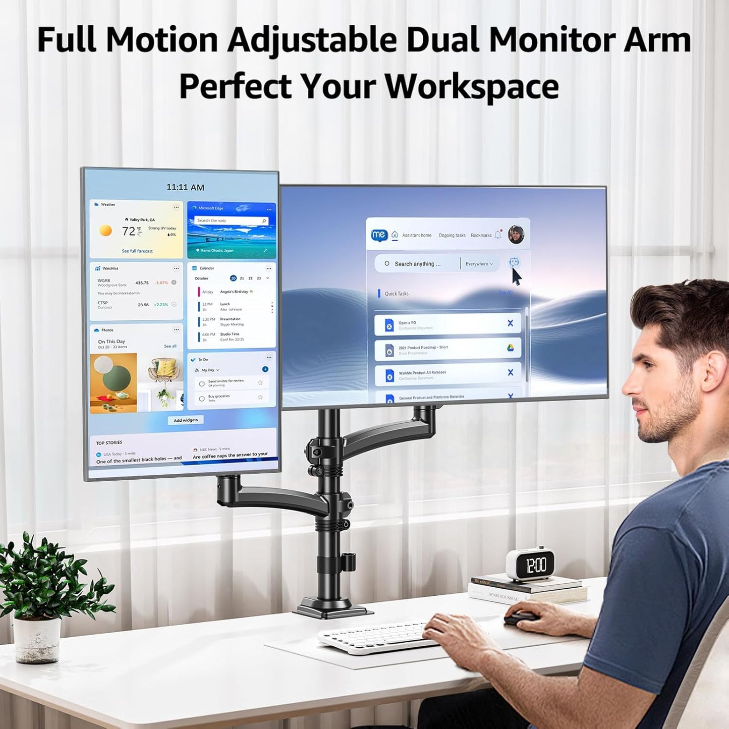 Suport 2 monitoare 26, 6-32 inch, VESA 75/100 mm, greutate suportata pana 10 kg, rotire 360°, inclinare 70°, inaltime reglabila, amortizor cu gaz integrat, prindere prin clema sau inel de montare, negru