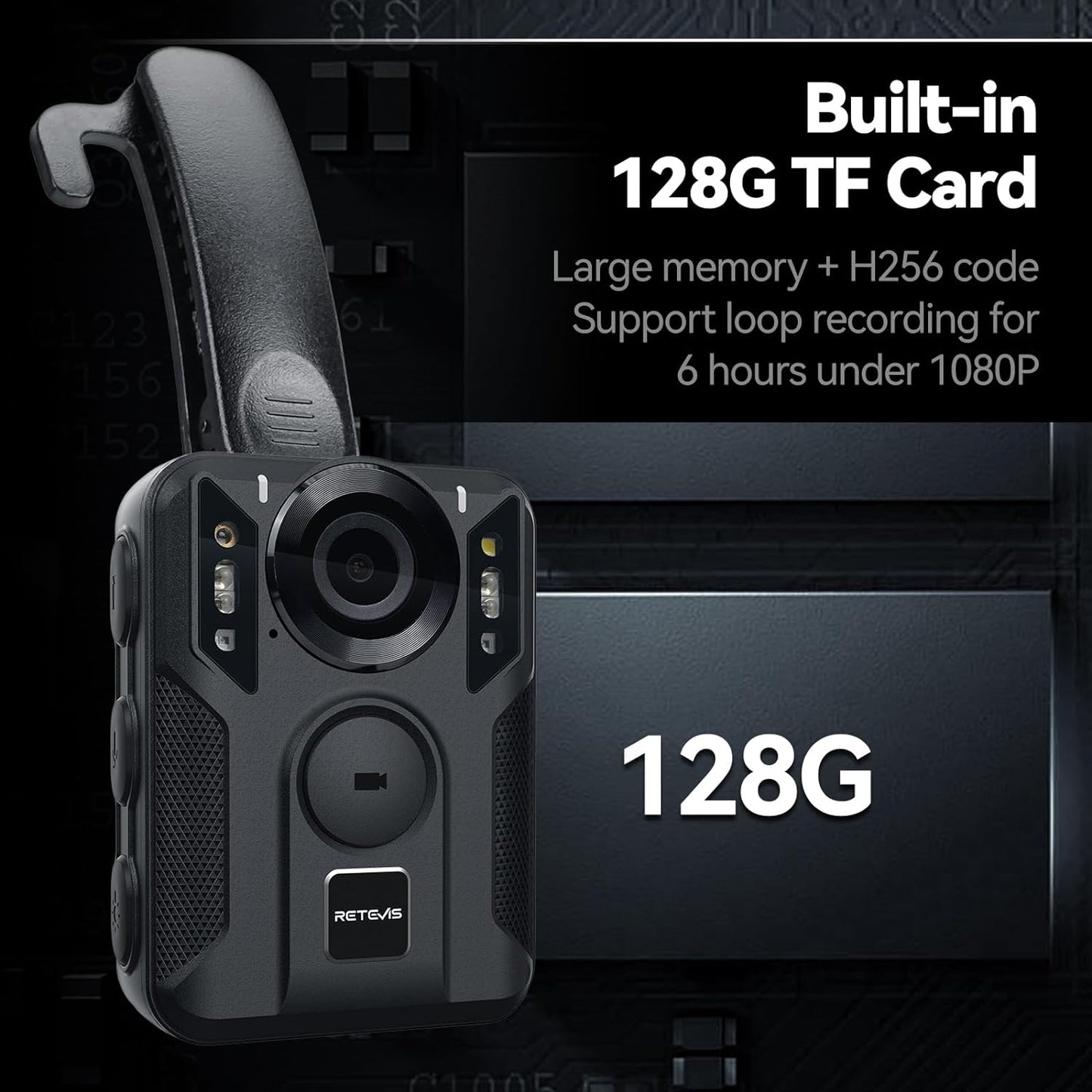 Camera video corporala, Bodycam 4K cu GPS, Nightvision, inregistrare in bucla, display, portabila, unghi larg 170°, 128 GB memorie, cu ventuza pentru masina si clema de haina