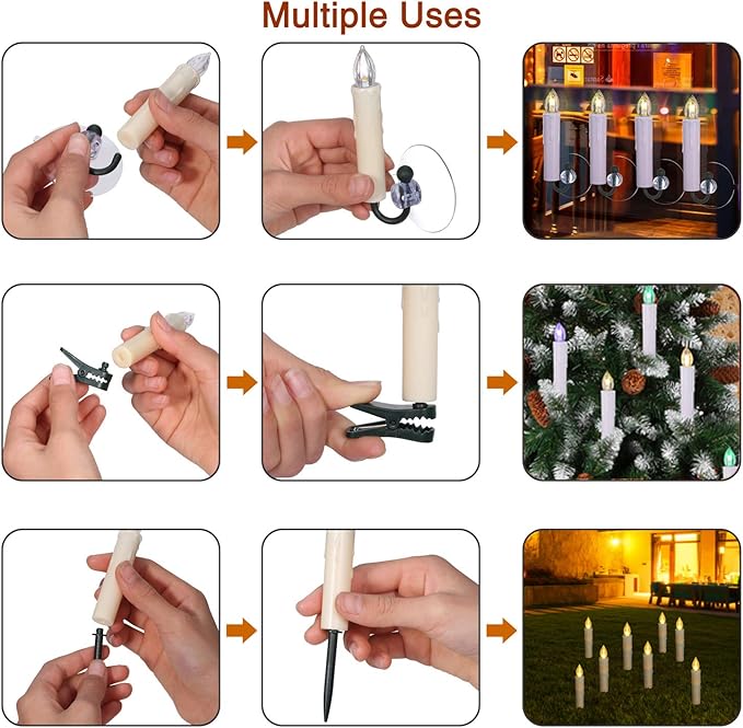Set 40 lumanari LED cu telecomanda, impermeabile IP64, dimabile cu 5 niveluri si 3 moduri luminozitate, functie de temporizator, cu prindere tip clema, tarus, ventuza sau suport, baterii, pentru Halloween, Craciun, nunta, petrecere, decoratiuni de gradina