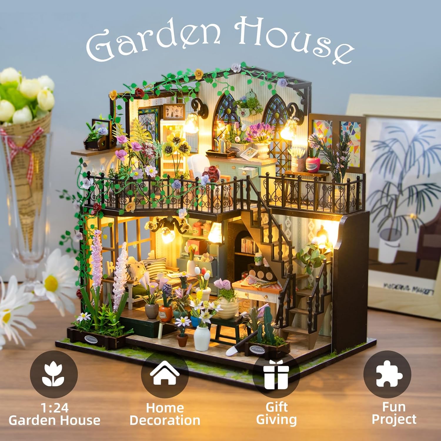 Puzzle 3D Book Nook DIY Garden House, casuta in miniatura cu lumini LED 22 x 17 x 23 cm, accesoriu decorativ
