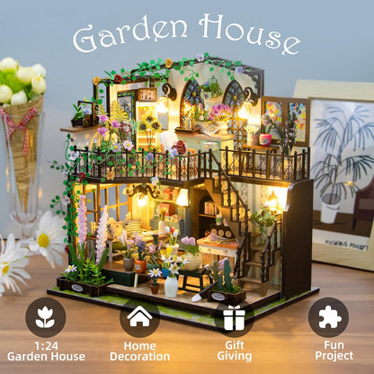 Puzzle 3D Book Nook DIY Garden House, casuta in miniatura cu lumini LED 22 x 17 x 23 cm, accesoriu decorativ
