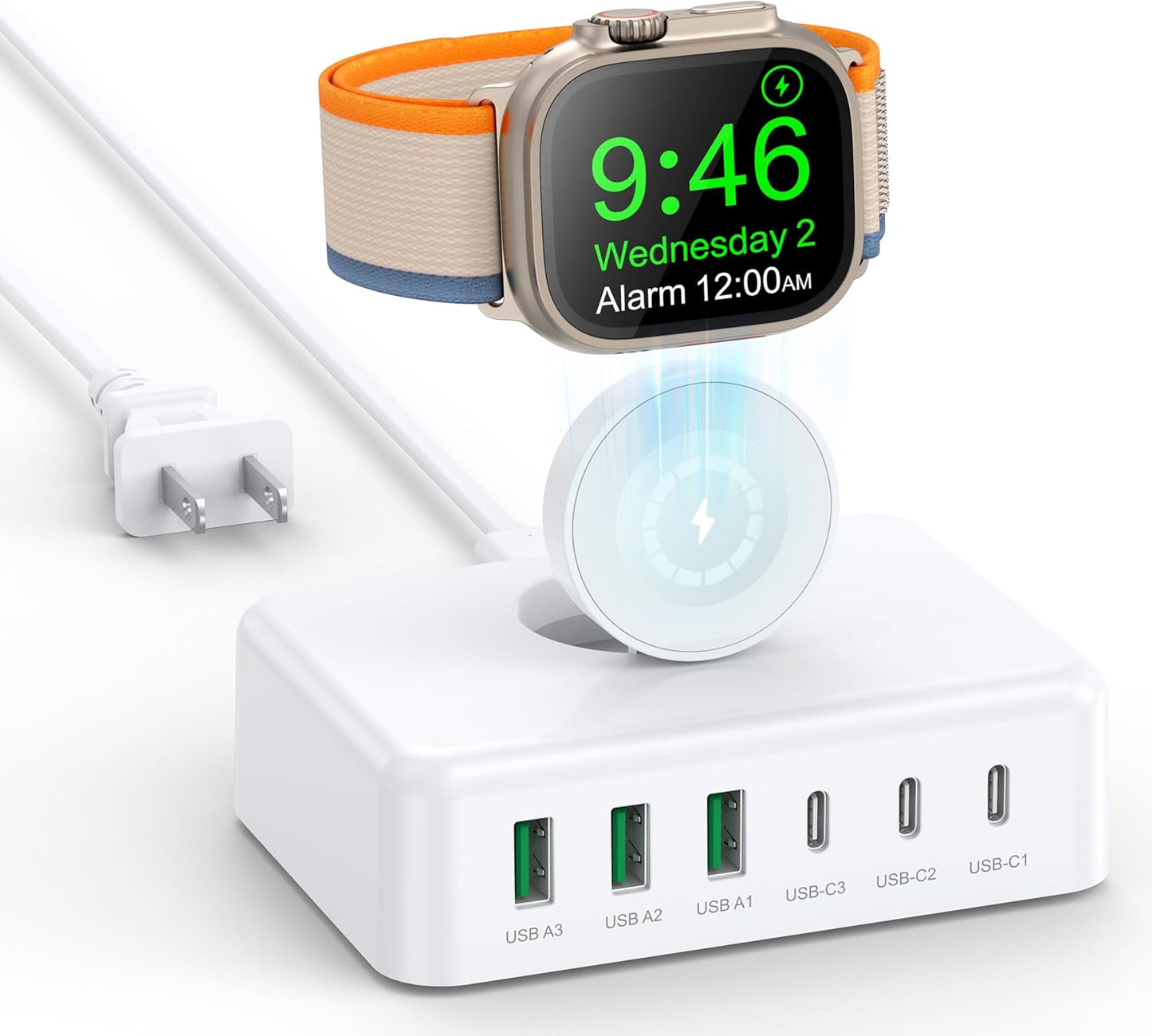 Incarcator retea 125W cu stand incarcare magnetic pentru Apple Watch, 3 porturi USB-C si 3 porturi USB-A, sursa alimentare cu incarcare rapida 20W pentru iPhone, iPad, Samsung, Huawei, Redmi