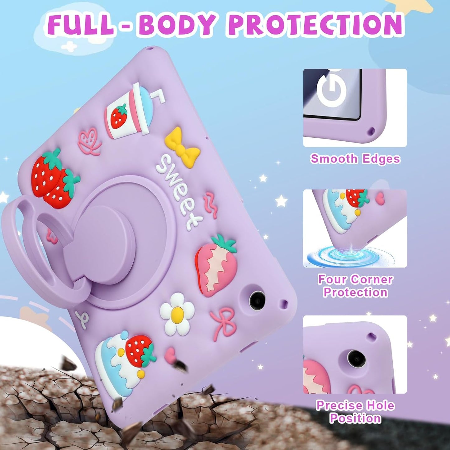 Husa pentru Samsung Galaxy Tab A9 Plus 11 inch, draguta 3D cu capsuni si tort de iaurt, silicon rezistent la socuri, pentru copii si fete, cu curea de umar rotativa si suport