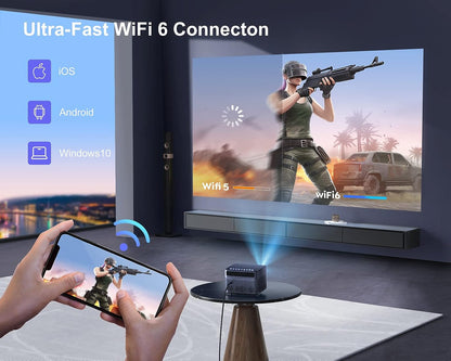 Videoproiector Wimius P64 WiFi Bluetooth Full HD 1080P, 600 ANSI Lumeni 4K Suport WiFi-6 Home Theater LED de 300 inchi pentru iOS/Android/TV Stick/Xbox/PS5 HDMI AV USB