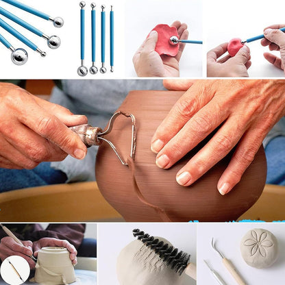 Set unelte de modelaj 66 piese pentru sculptura si ceramica, kit complet DIY pentru lut polimeric, sculptura, olarit si decor, unelte lemn + metal + silicon, geanta depozitare si sort incluse, pentru incepatori si profesionisti