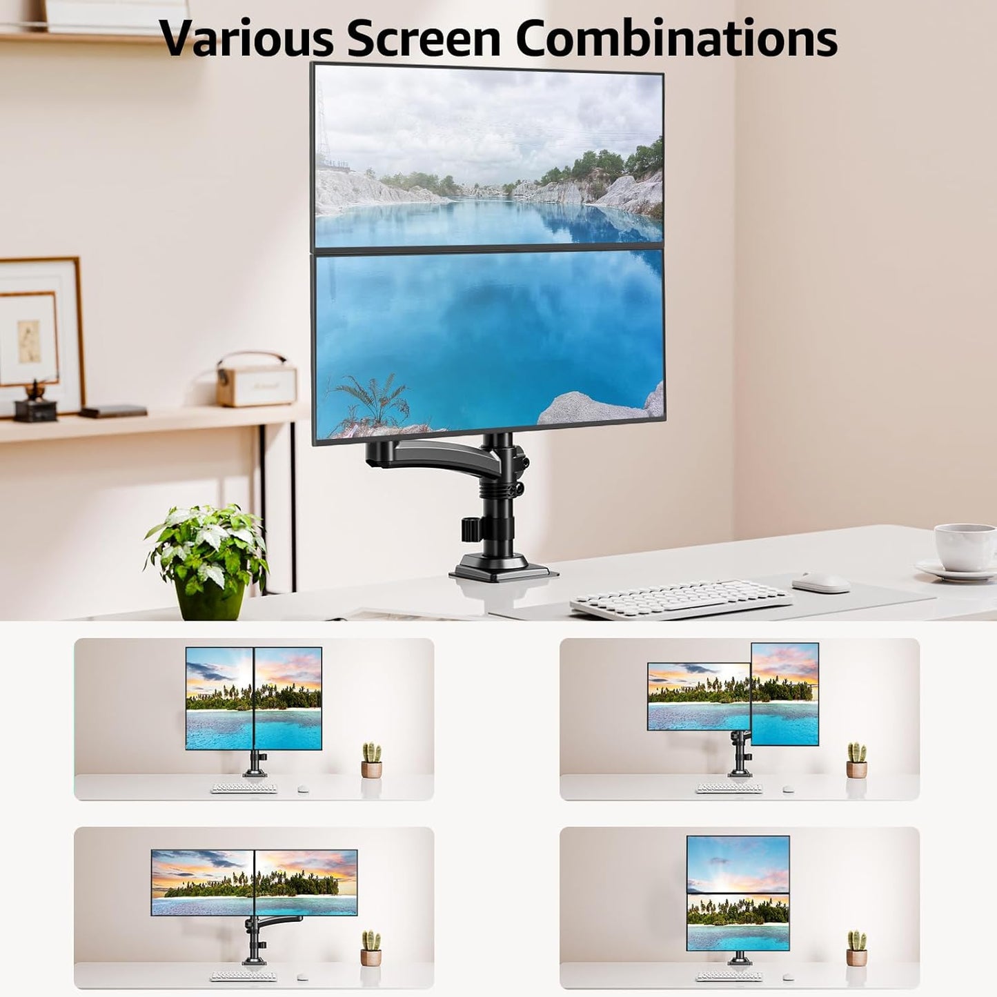 Suport 2 monitoare 26, 6-32 inch, VESA 75/100 mm, greutate suportata pana 10 kg, rotire 360°, inclinare 70°, inaltime reglabila, amortizor cu gaz integrat, prindere prin clema sau inel de montare, negru