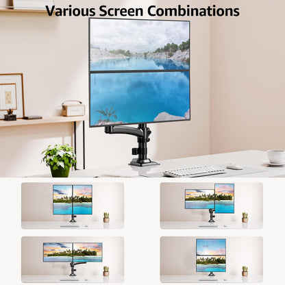 Suport 2 monitoare 26, 6-32 inch, VESA 75/100 mm, greutate suportata pana 10 kg, rotire 360°, inclinare 70°, inaltime reglabila, amortizor cu gaz integrat, prindere prin clema sau inel de montare, negru