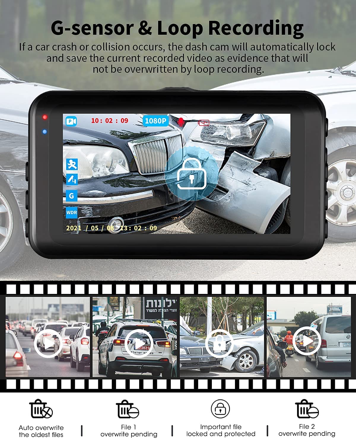 Camera de bord auto dubla, senzor G, unghi larg 170 °, ecran 3 inch, inregistrare in bucla, detectie miscare, nightvision, card de memorie de 32 GB