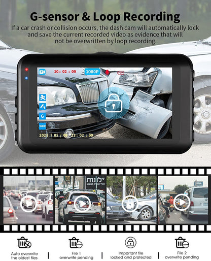 Camera de bord auto dubla, senzor G, unghi larg 170 °, ecran 3 inch, inregistrare in bucla, detectie miscare, nightvision, card de memorie de 32 GB
