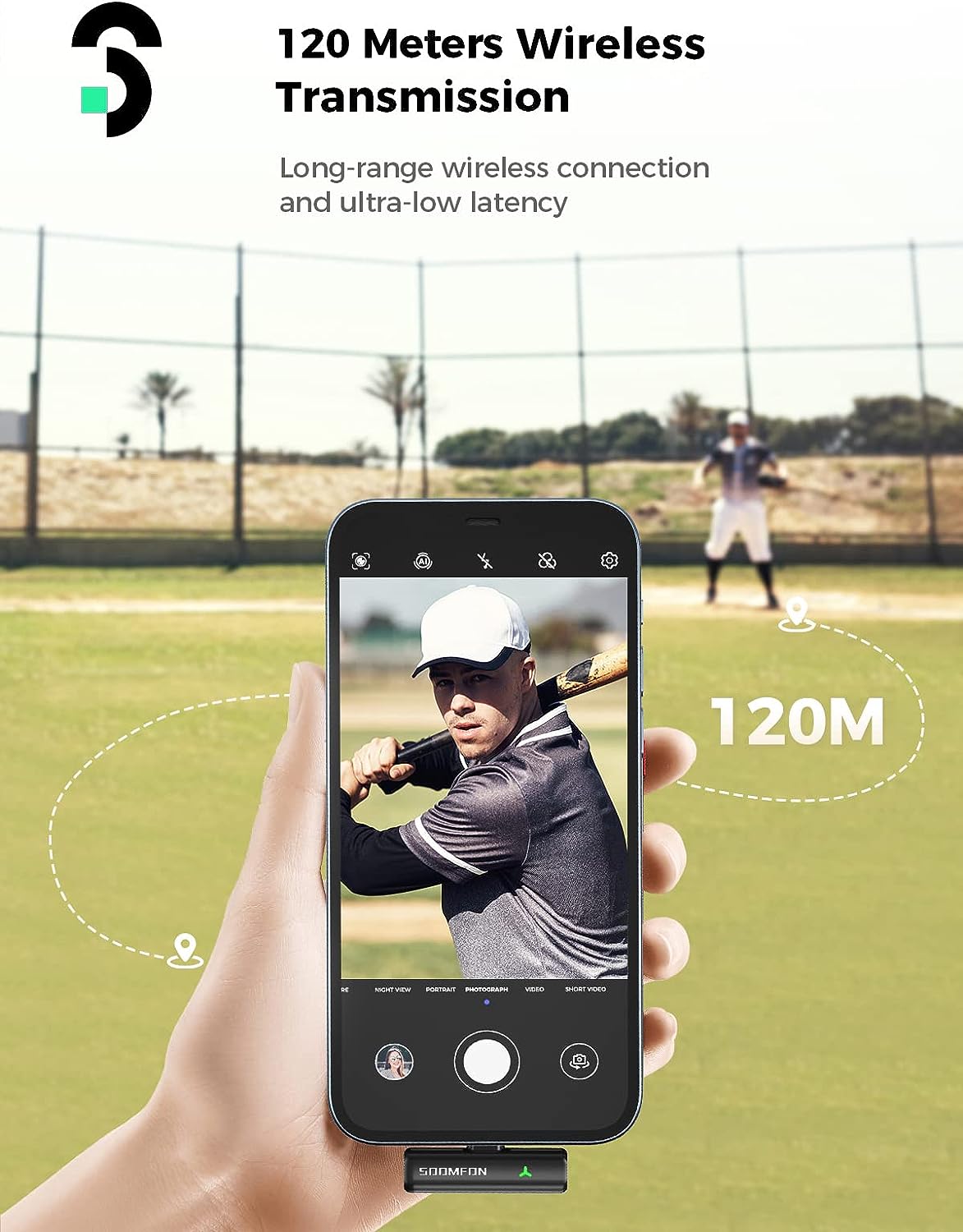 Set microfon lavaliera wireless pentru iPhone cu carcasa de incarcare, transmitator si receptor, plug and play, functie reducere zgomot, Soomfon SF-MP005