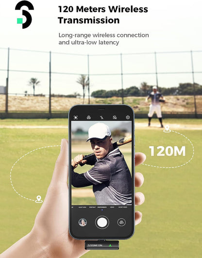 Set microfon lavaliera wireless pentru iPhone cu carcasa de incarcare, transmitator si receptor, plug and play, functie reducere zgomot, Soomfon SF-MP005