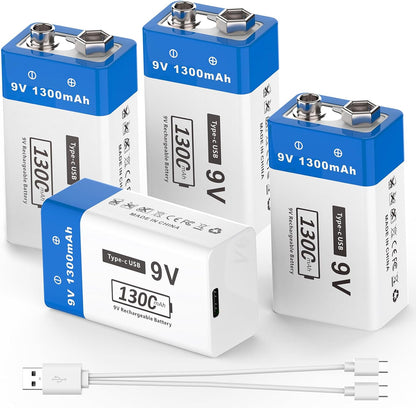 Set 4 baterii reincarcabile USB-C 9V, 1300 mAh, dimensiune standard, pentru detectoare de fum, microfoane wireless, dispozitive de iluminat LED si multe altele