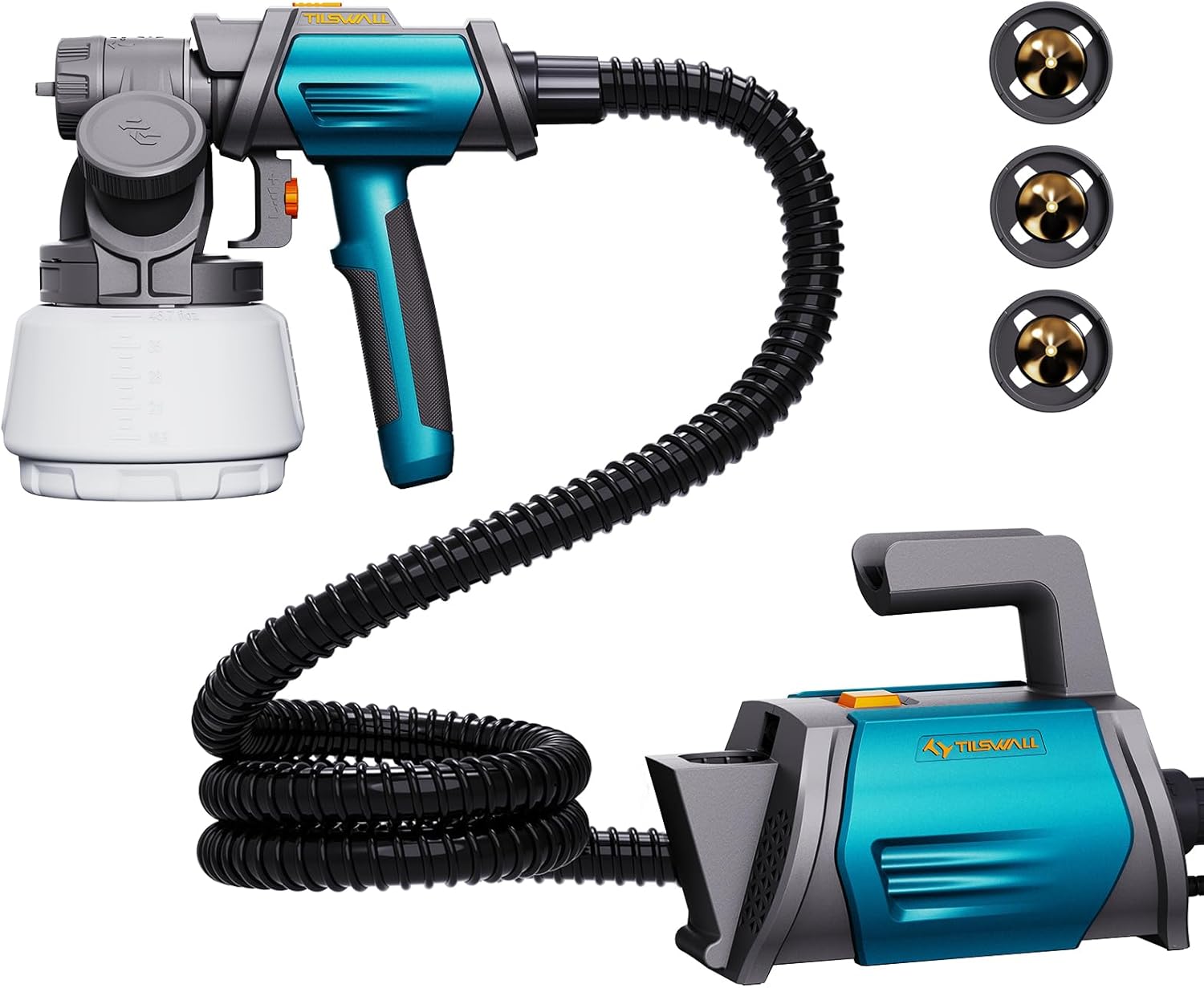 Pistol de vopsit 800 HVLP Tilswall Shark, capacitate 1300 ml, 4 duze, 3 moduri de pulverizare, 120 DIN, ideal pentru vopsit interior si exterior, pereti, mobilier – Albastru