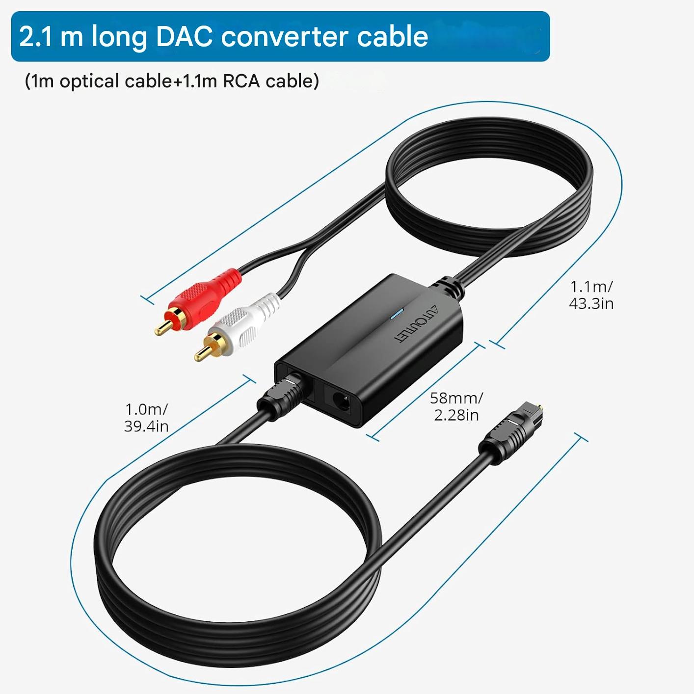 Convertor audio DA 192KHz de la digital la analog, SPDIF TOSLINK la RCA, cu chip ampificator, cu cablu optic de 1 m si iesire RCA, plug and play