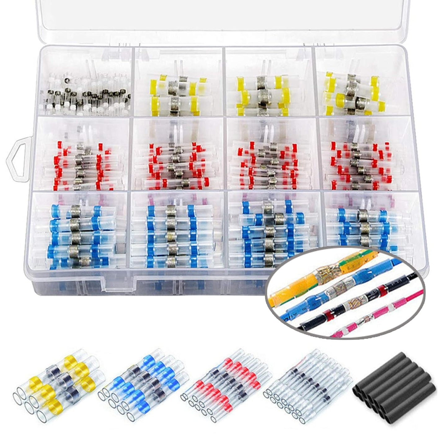 Set 500 conectori termocontractabili cu lipire si etansare cu fludor, pentru conductori electrici, rezistenti la socuri, impermeabili, cu cutie depozitare si transport