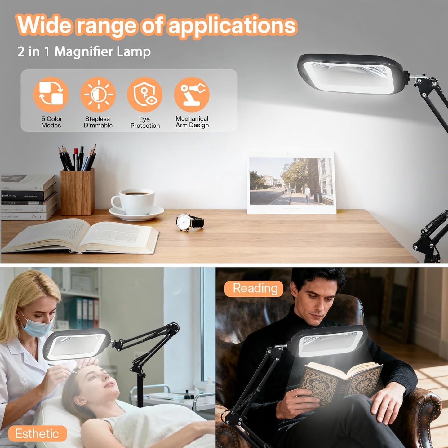 Lupa 2 in 1 cu lumina LED 10× si stativ, lampa de podea cu suport reglabil, 60 LED-uri, 5 temperaturi culoare, luminozitate reglabila, multifuncionala