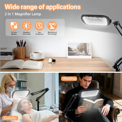Lupa 2 in 1 cu lumina LED 10× si stativ, lampa de podea cu suport reglabil, 60 LED-uri, 5 temperaturi culoare, luminozitate reglabila, multifuncionala