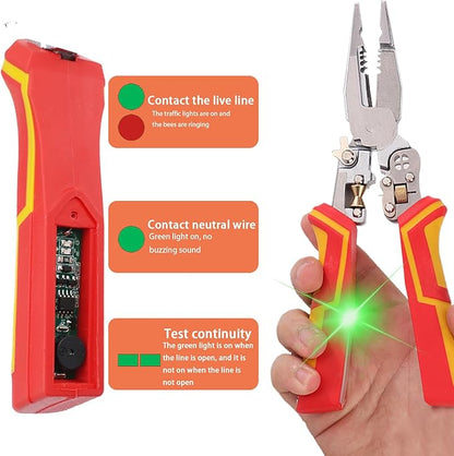 Cleste multifunctional 9 in 1, pentru dezizolat, taiat si sertizat cabluri, cabluri coaxiale si perechi rasucite 1,5-6 mm², tester de tensiune 12-250 V AC/DC cu alarma vizuala/auditiva si blocare de siguranta, pentru diagnosticare