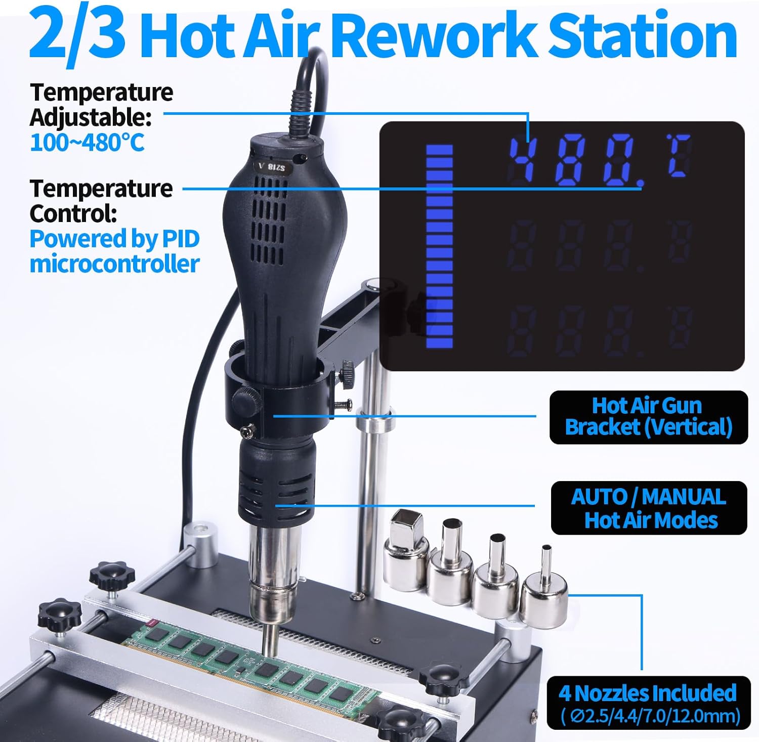 Statie de lipit si dezlipit 3 in 1 cu letcon, aer cald si preincalzire, 1200W, cu 10 varfuri de letcon 4 duze de aer cald, penseta, suport, extractor IC, YIHUA 853AAA