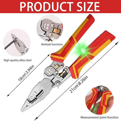 Cleste multifunctional 9 in 1, pentru dezizolat, taiat si sertizat cabluri, cabluri coaxiale si perechi rasucite 1,5-6 mm², tester de tensiune 12-250 V AC/DC cu alarma vizuala/auditiva si blocare de siguranta, pentru diagnosticare