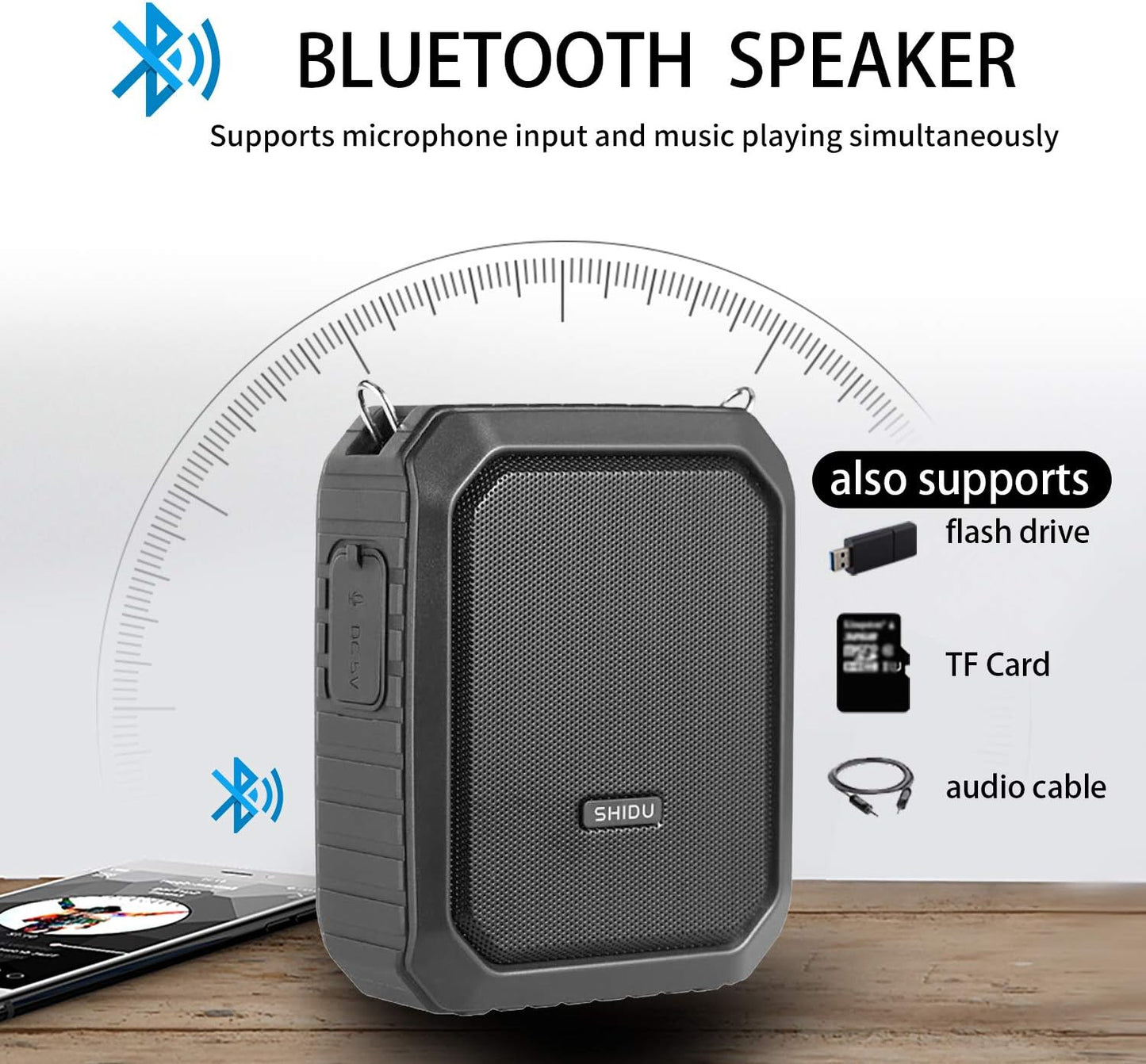 Amplificator vocal wireless SHIDU 18W, sistem PA portabil IPX5, Bluetooth 4.2, microfon UHF si casti reincarcabile, difuzor portabil pentru scoli, ghiduri turistice sau evenimente outdoor