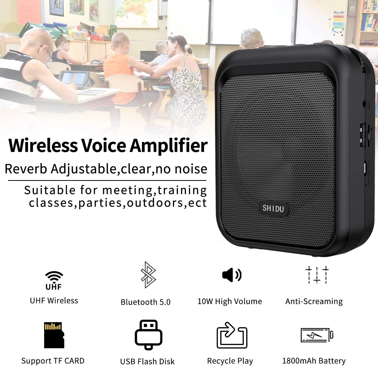 Amplificator de voce cu microfon wireless, Megafon portavoce Bluetooth portabil, baterie 1800mAh, slot card, pentru profesori, ghid turistic, antrenor