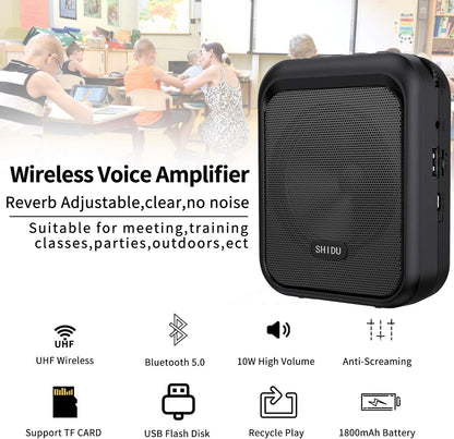 Amplificator de voce cu microfon wireless, Megafon portavoce Bluetooth portabil, baterie 1800mAh, slot card, pentru profesori, ghid turistic, antrenor