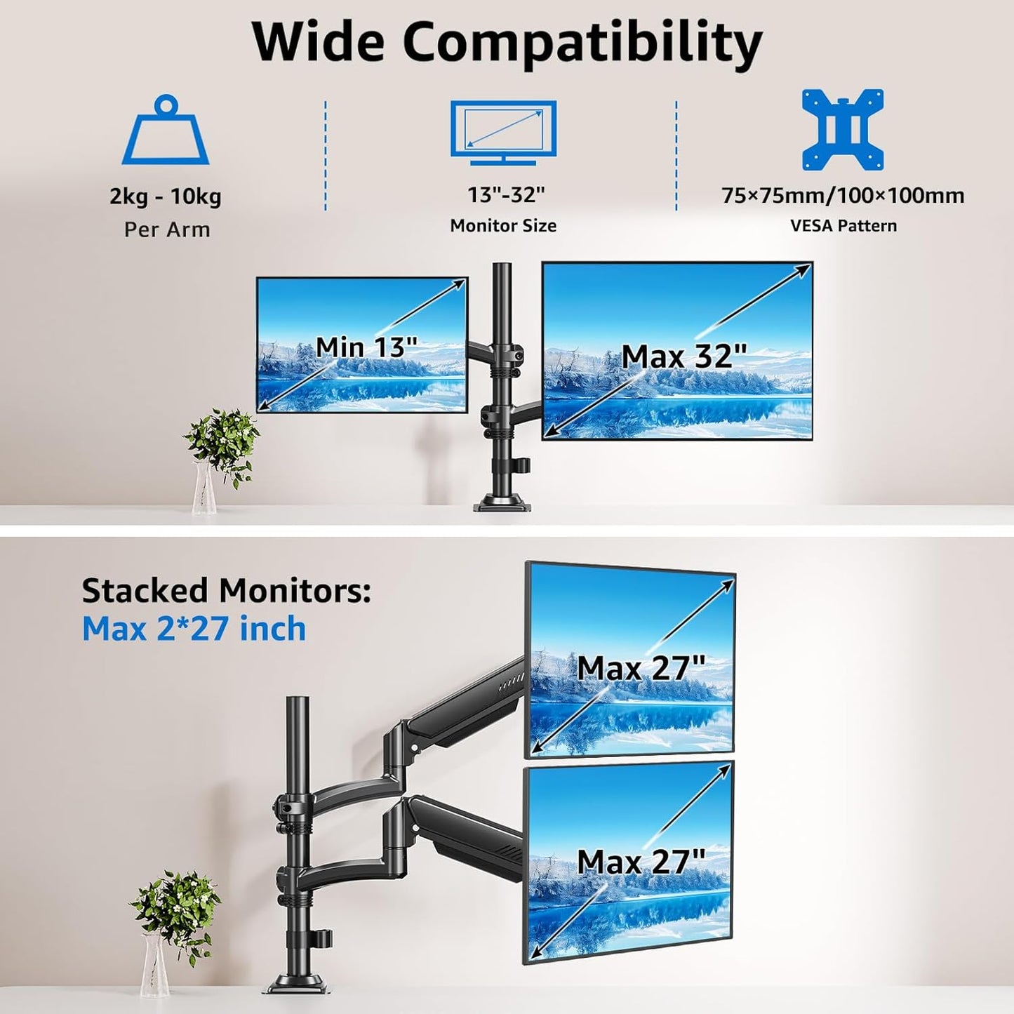 Suport 2 monitoare 26, 6-32 inch, VESA 75/100 mm, greutate suportata pana 10 kg, rotire 360°, inclinare 70°, inaltime reglabila, amortizor cu gaz integrat, prindere prin clema sau inel de montare, negru