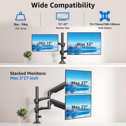 Suport 2 monitoare 26, 6-32 inch, VESA 75/100 mm, greutate suportata pana 10 kg, rotire 360°, inclinare 70°, inaltime reglabila, amortizor cu gaz integrat, prindere prin clema sau inel de montare, negru