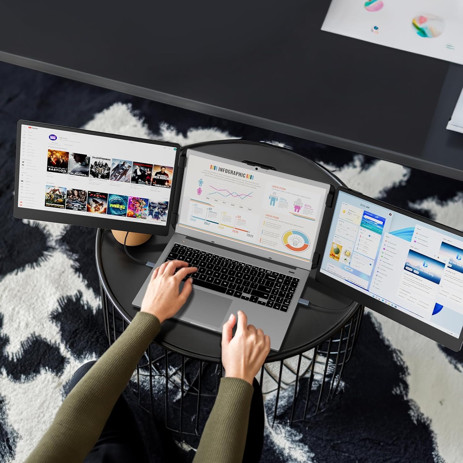 Monitoare portabile 14 inch, IPS 1080P Full HD, HDR,16:9, trei ecrane, pentru laptop, cu USB-C, functie Mirror si Extend, Plug & Play, cu stand ajustabil si difuzor incorporat, pentru Mac, Windows, Chrome, KEFEYA