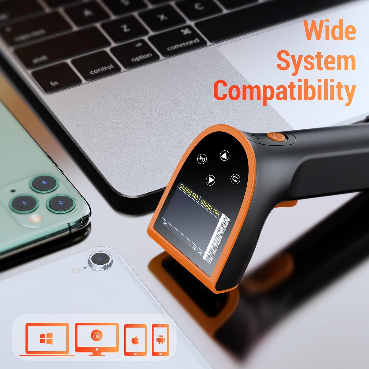 Cititor coduri de bare Wireless 2.4G si Bluetooth, 1D 2D QR, Stand cu functie incarcare, Display, Acumulator 2600mAh, Memorie interna 16 MB, Raza actiune 100 m, Compatibil cu Windows, Mac OS, Linux, Android, iOS, Tera HW00015