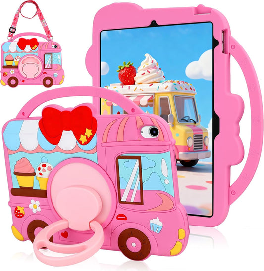 Husa pentru iPad a 11-a generație (A16) 2025 / iPad a 10-a generatie 10.9 2022, pentru fete, cu design dragut inghetata, deserturi, cu curea de umar rotativa, suport, protectie din silicon, roz