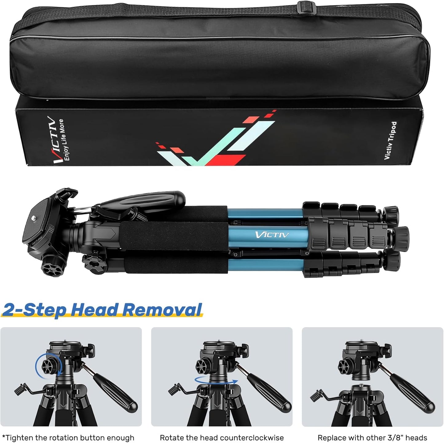 Trepied foto Victiv 188 cm, aluminiu usor si compact, cap detasabil 3 directii 360°, suport smartphone, telecomanda wireless, compatibil DSLR Canon/Nikon/Sony, smartphone/tableta, capacitate 6 kg, albastru