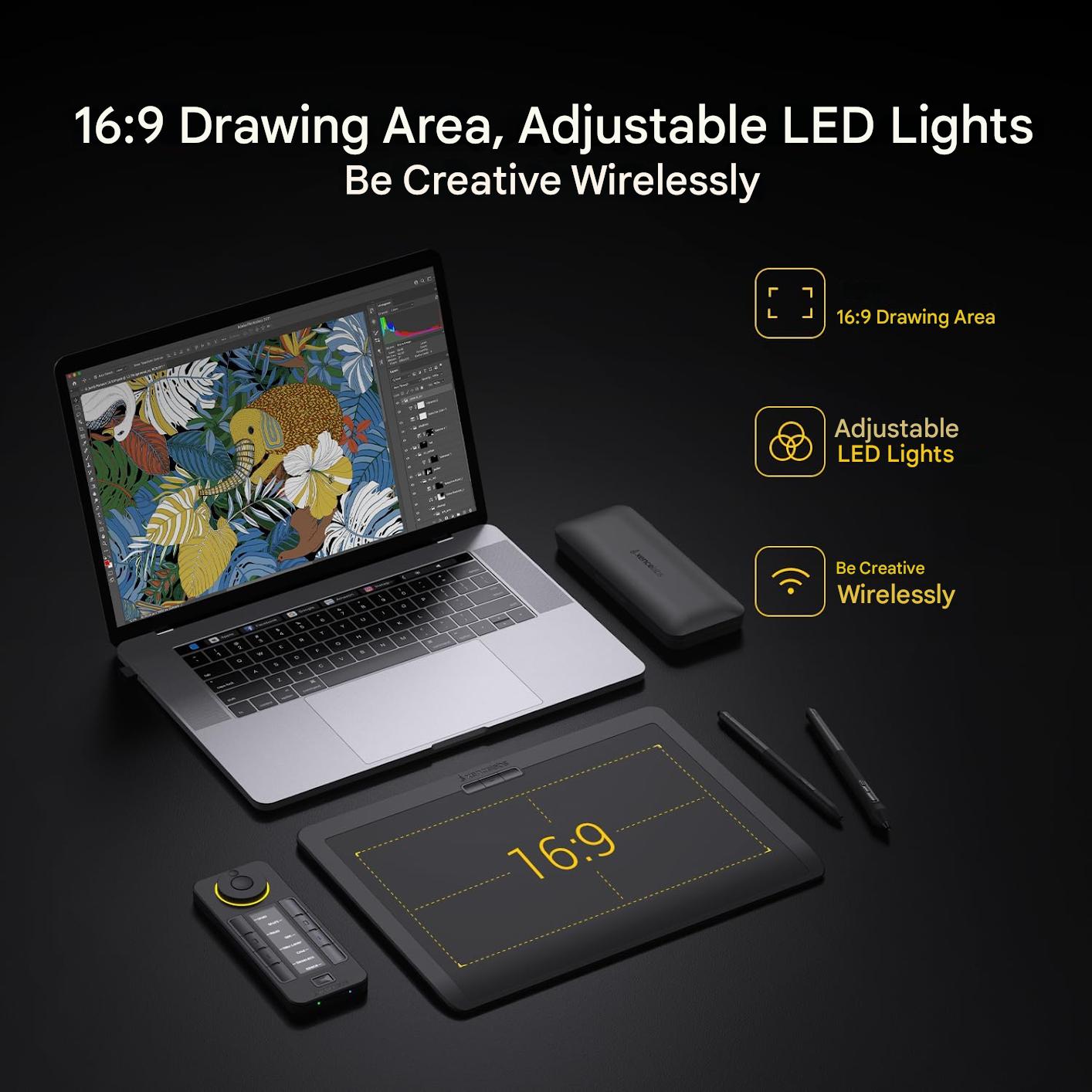 Tableta grafica profesionala Wireless 12 x 9 inch, telecomanda cu 40 functii programabile, 2 stilouri, 8192 niveluri presiune, inclinare 60 grade, manusa desen, geanta transport, rezerve, husa stilouri, dongle, cablu, pentru Windows/ARM, Mac, Linux