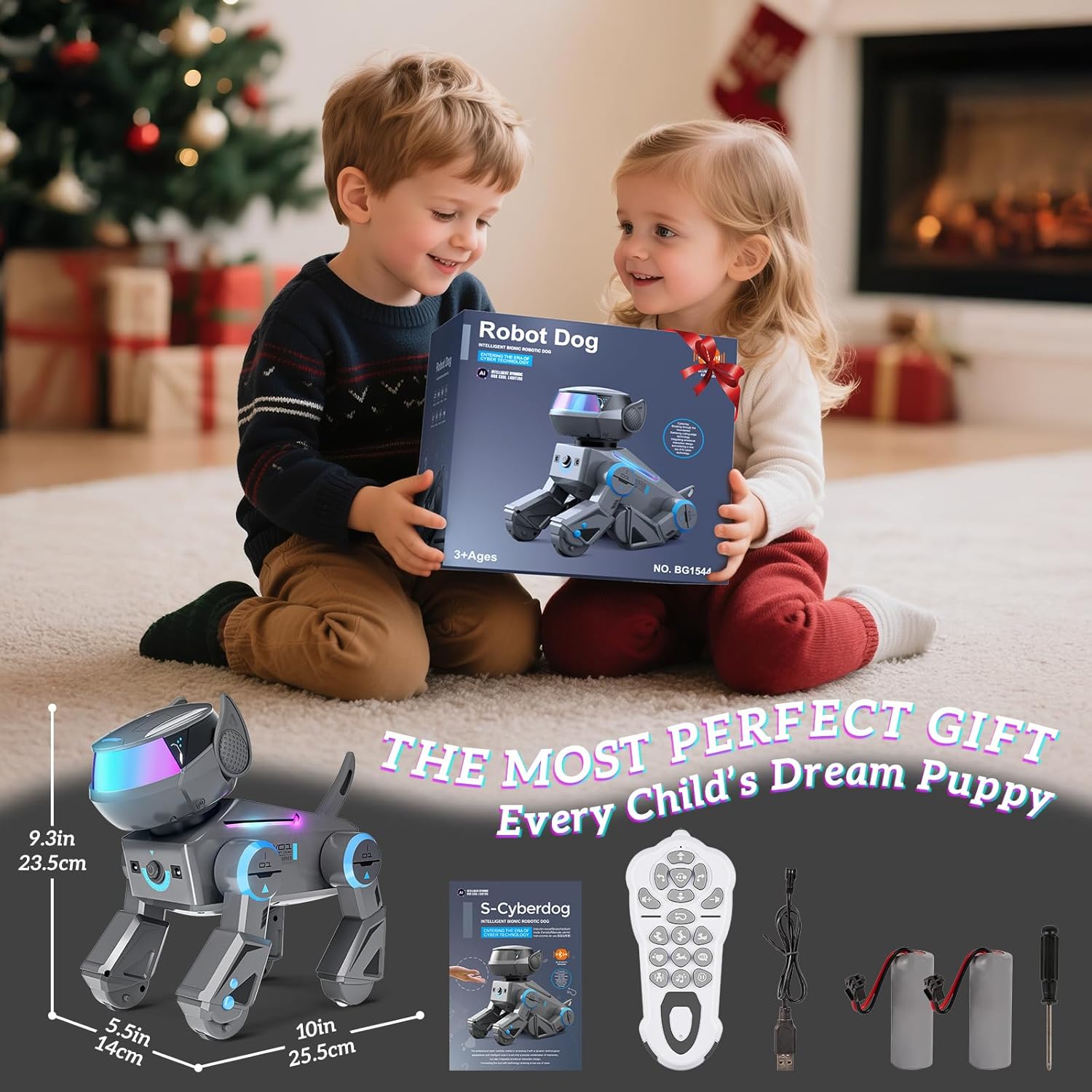 Robot inteligent Smart, caine interactiv cu LED multicolor, bluetooth speaker, programabil 100 comenzi, 15+ functii interactive, baterii reincarcabile – Jucarie STEM pentru copii 3–12 ani