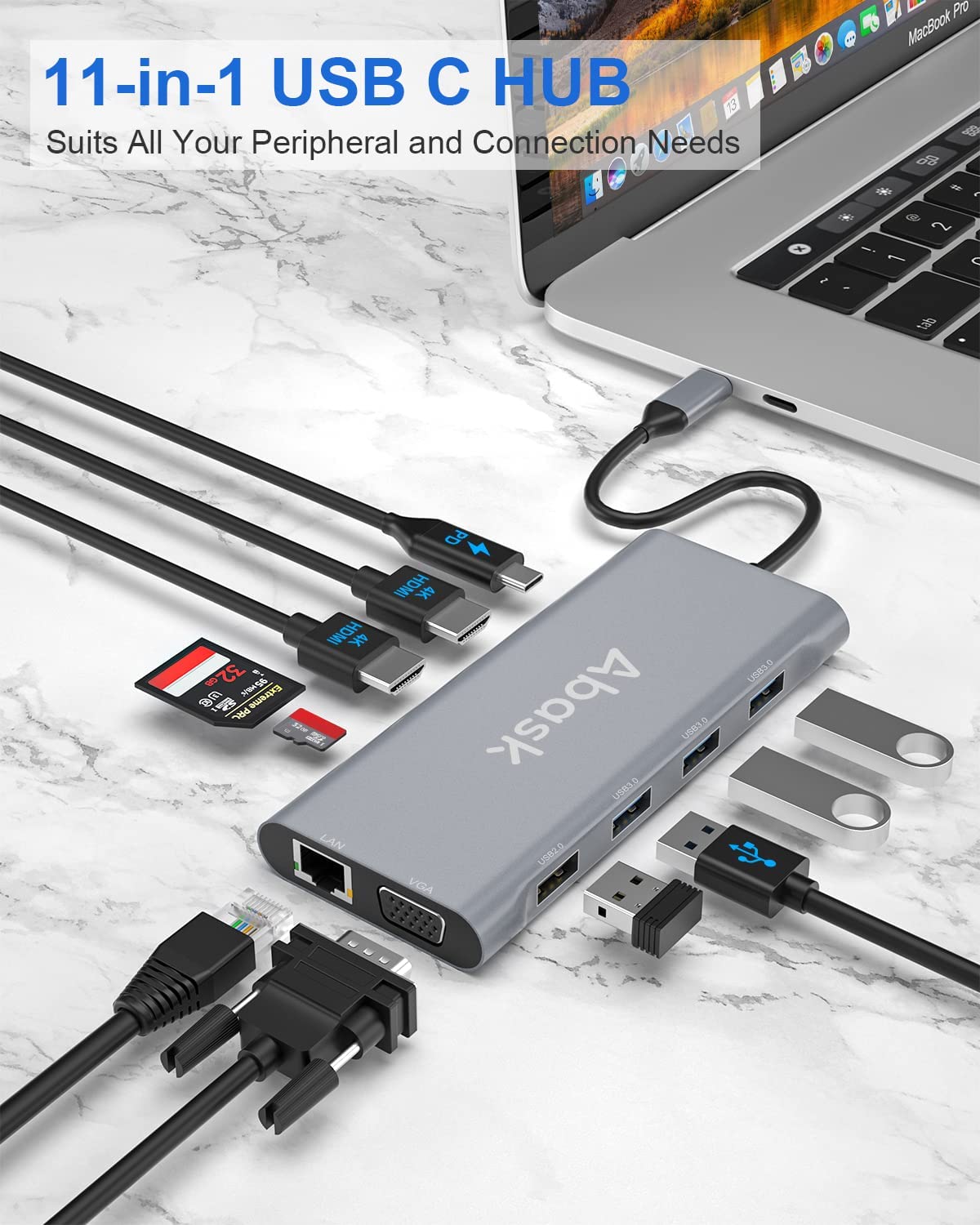 Hub adaptor USB C 11 in 1 Abask, cu 2 HDMI 4K, VGA, RJ45, 4 porturi USB, SD/micro SD, putere incarcare 100W